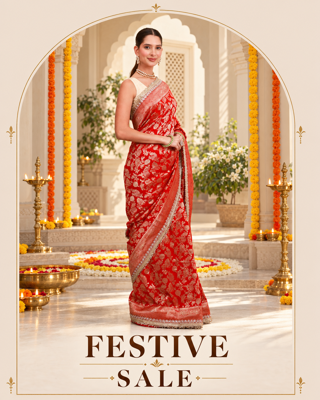 Festive Sale — Diwali collection featuring the red gold floral Banarasi-style saree.