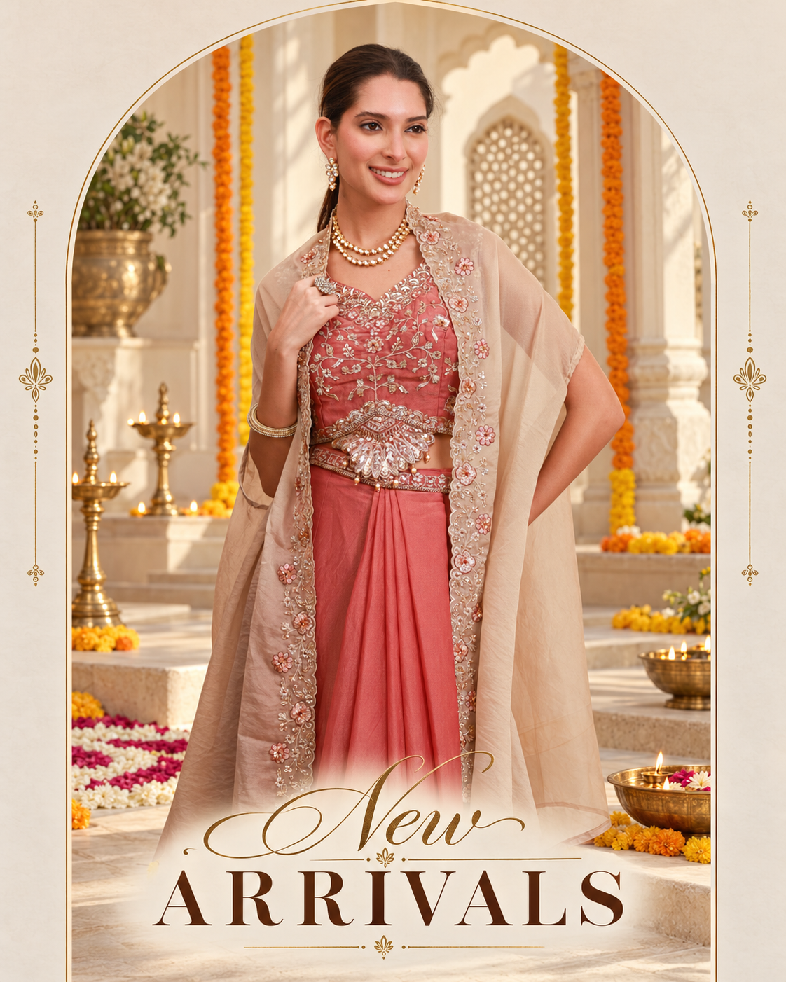 New Arrivals — Diwali styling of the rose pink embroidered cape set.